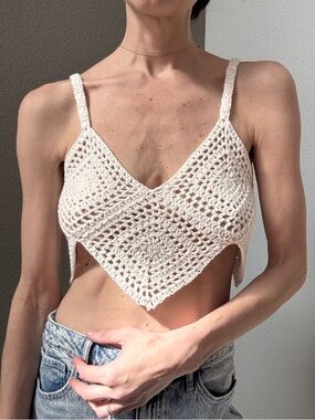 Handmade Crochet Boho Cropped Tank Women’s S White Festival Y2K